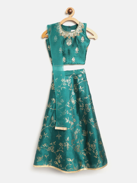 

Aarika Girls Green & Golden Silk Embroidered Ready to Wear Lehenga & Blouse with Dupatta
