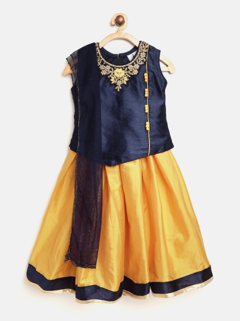 

Aarika Girls Mustard Yellow & Navy Embellished Ready to Wear Pattu Pavadai with Dupatta