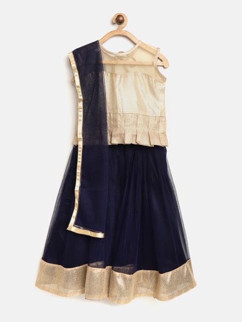 

Aarika Girls Navy Blue & Golden Solid Ready to Wear Pattu Pavadai with Dupatta