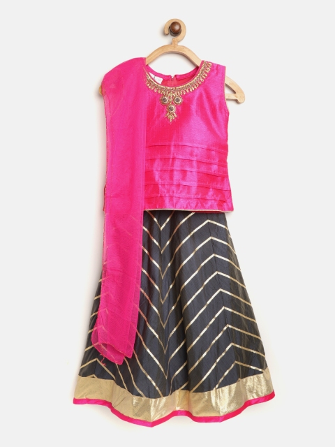

Aarika Girls Charcoal Grey & Pink Embellished Ready to Wear Lehenga & Blouse with Dupatta
