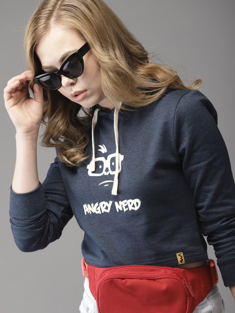 

Campus Sutra Women Navy Blue & White Printed Hooded Cropped Sweatshirt