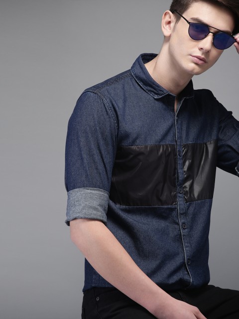 

Campus Sutra Men Blue & Black Regular Fit Colourblocked Casual Denim Shirt