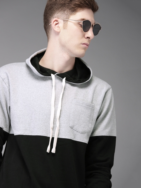 

Campus Sutra Men Grey & Black Colourblocked Hooded Sweatshirt