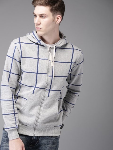 

Campus Sutra Men Grey & Blue Checked Hooded Sweatshirt