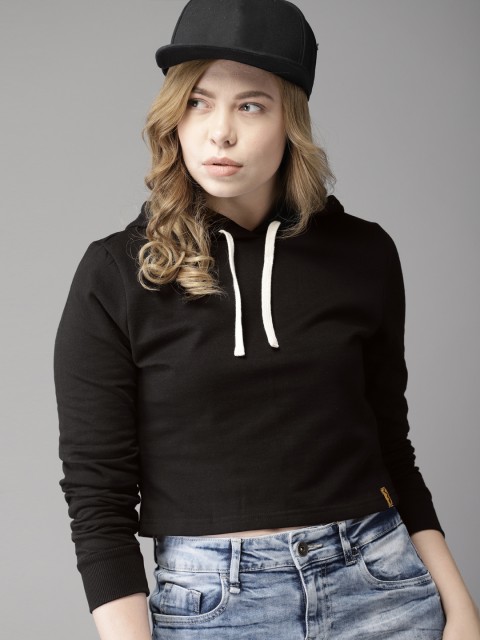 

Campus Sutra Women Black Solid Hooded Cropped Sweatshirt