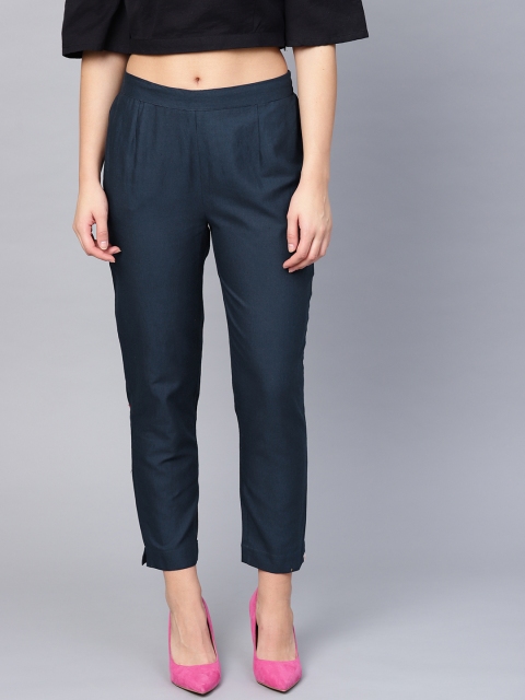 

Juniper Women Navy Blue Smart Slim Fit Solid Cigarette Trousers