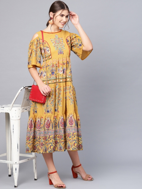 

Juniper Women Mustard Yellow & Blue Cold-Shoulder Tiered Printed A-Line Dress