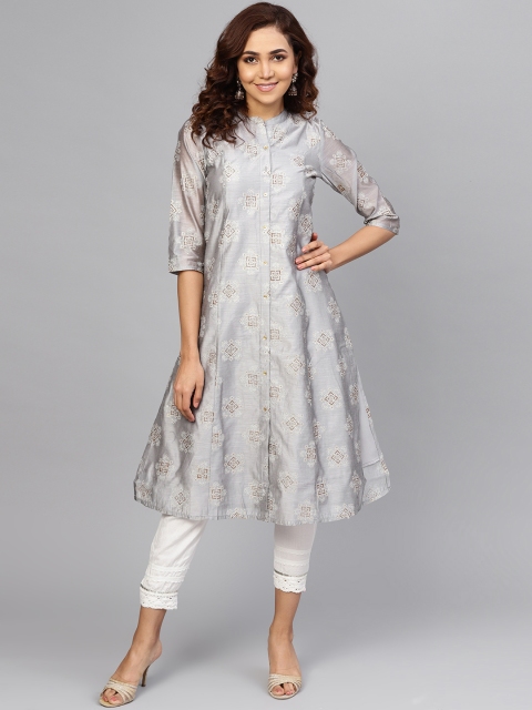 

Juniper Women Grey & Golden Printed A-Line Kurta