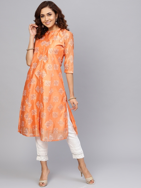 

Juniper Women Orange & Golden Printed A-Line Kurta