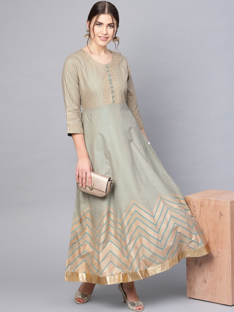 

Juniper Women Green & Golden Foil Printed Maxi Dress