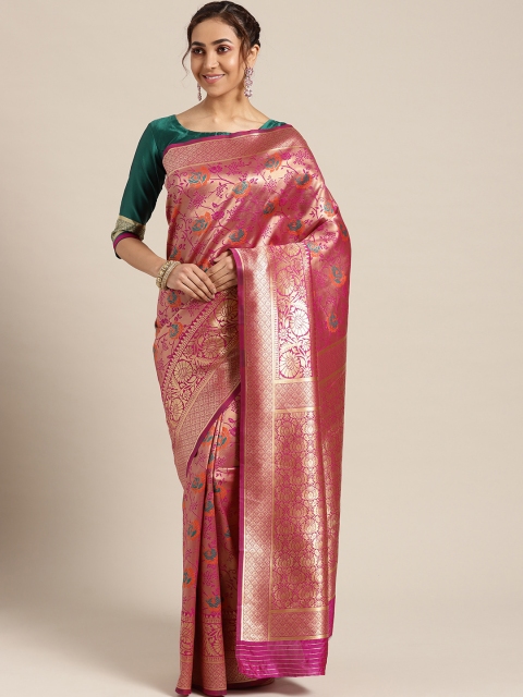 

Om Shantam Sarees Pink & Golden Woven Design Kanjeevaram Saree