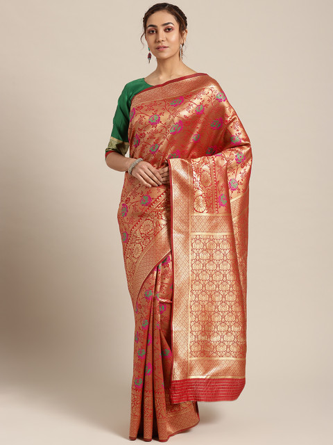

Om Shantam Sarees Red & Golden Woven Design Kanjeevaram Saree