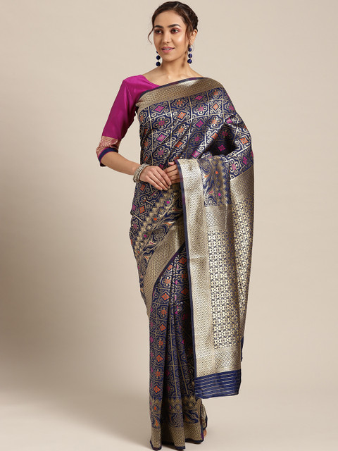 

Om Shantam Sarees Navy Blue & Golden Woven Design Kanjeevaram Saree