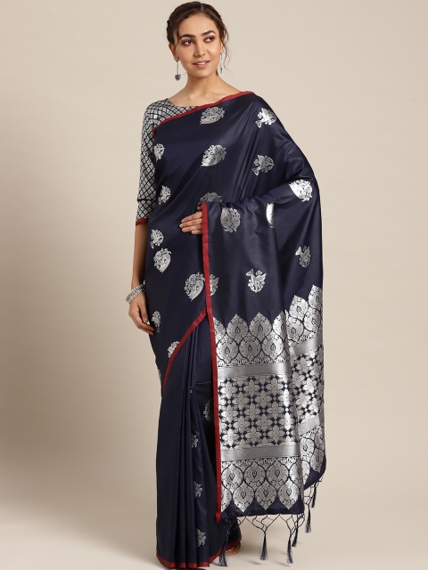 

Om Shantam Sarees Navy Blue & Silver Woven Design Kanjeevaram Saree