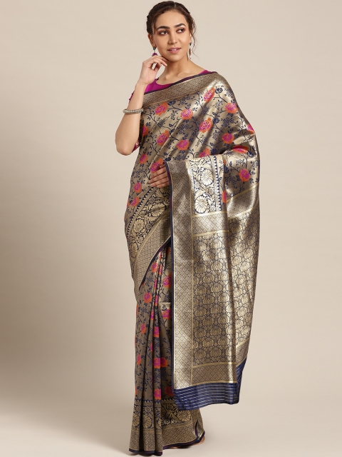 

Om Shantam Sarees Navy Blue & Golden Silk Blend Woven Design Kanjeevaram Saree