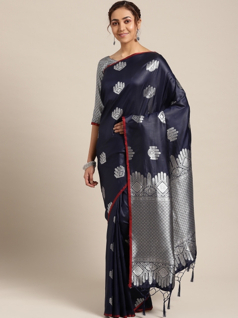 

Om Shantam Sarees Navy Blue & Silver Woven Design Kanjeevaram Saree