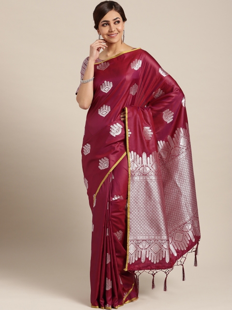 

Om Shantam Sarees Burgundy & Silver Woven Design Kanjeevaram Saree
