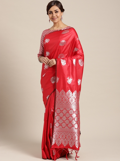 

Om Shantam Sarees Red & Silver Woven Design Kanjeevaram Saree