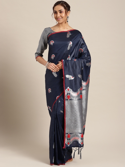 

Om Shantam Sarees Navy Blue & Silver Woven Design Kanjeevaram Saree