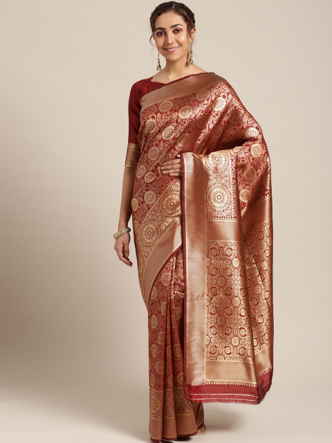 

Om Shantam Sarees Maroon & Golden Woven Design Kanjeevaram Saree