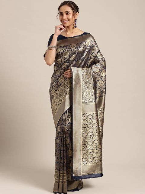 

Om Shantam Sarees Navy Blue & Golden Woven Design Kanjeevaram Saree