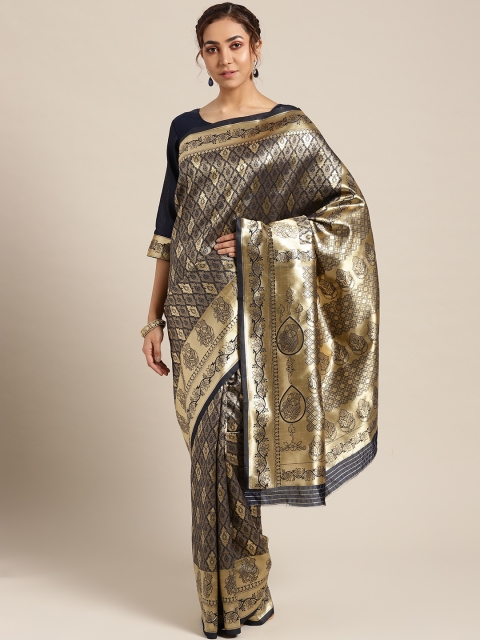 

Om Shantam Sarees Navy Blue & Golden Woven Design Kanjeevaram Saree