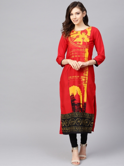 

AHIKA Women Red & Yellow Printed Straight Kurta