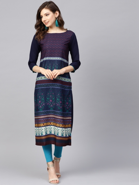 

AHIKA Women Navy Blue Printed Straight Kurta