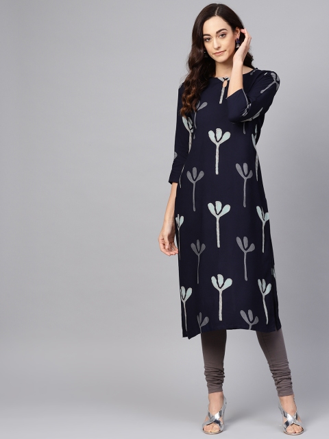

AHIKA Women Navy Blue Printed Straight Kurta