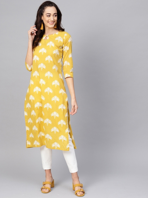 

AHIKA Women Mustard Yellow & Off-White Printed Straight Kurta