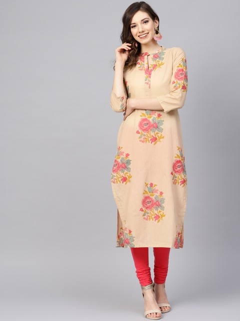 

AHIKA Women Cream-Coloured & Pink Printed Straight Kurta