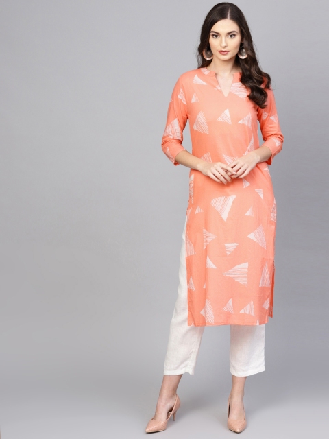 

AHIKA Women Peach-Coloured & White Printed Straight Kurta