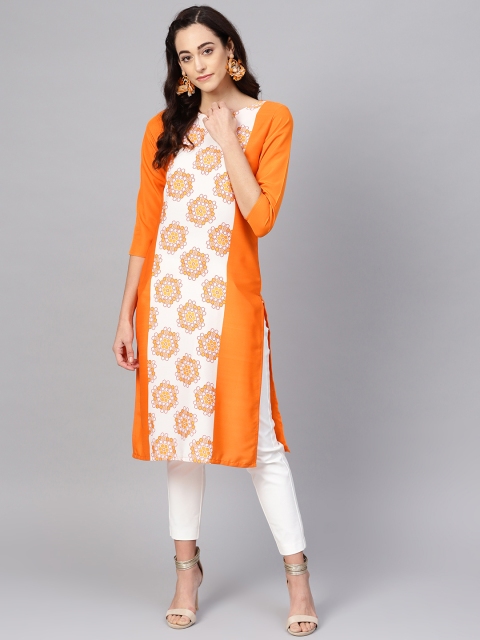 

AHIKA Women Off-White & Orange Printed Straight Kurta