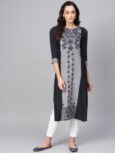 

AHIKA Women Navy Blue & Off-White Digital Print Straight Kurta
