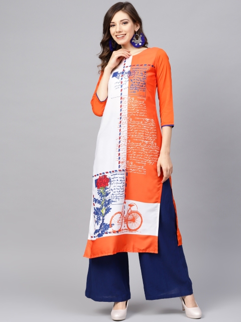 

AHIKA Women Off-White & Orange Printed Straight Kurta