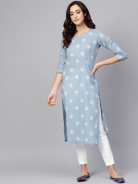 

AHIKA Women Blue & Off-White Printed Straight Kurta