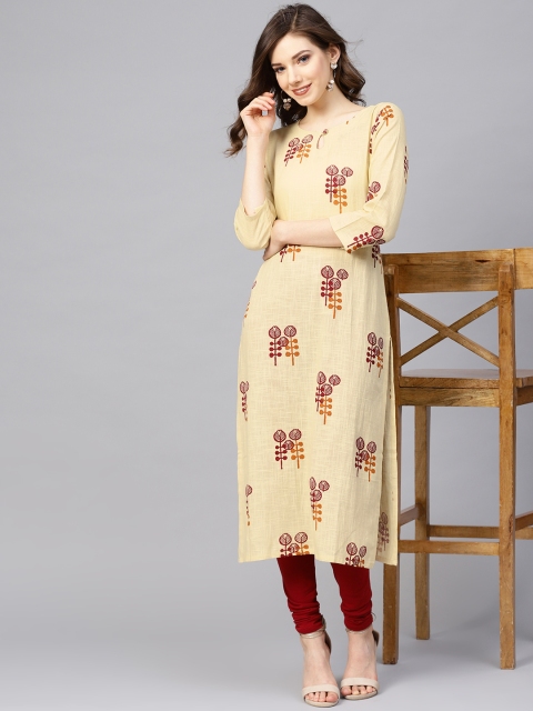 

AHIKA Women Cream-Coloured & Maroon Printed Straight Kurta