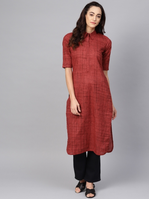 

AHIKA Women Rust Red Self-Checked Pathani Kurta