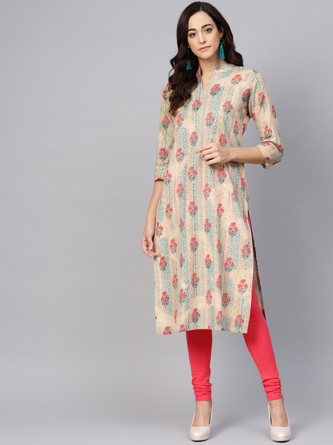 

AHIKA Women Beige & Pink Printed Straight Kurta