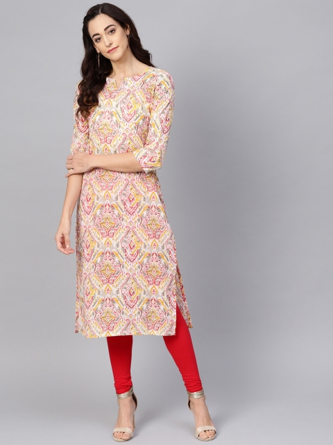 

AHIKA Women Off-White & Yellow Printed Straight Kurta