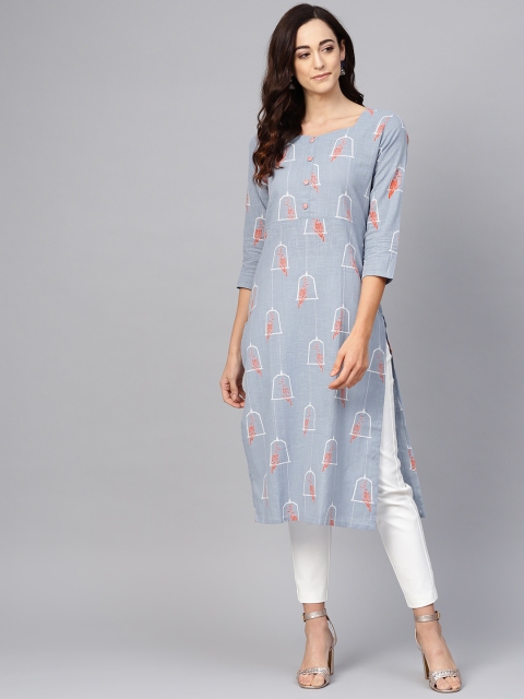 

AHIKA Women Blue & Orange Printed Straight Kurta