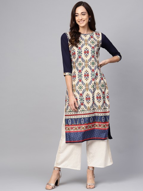 

AHIKA Women Beige & Navy Blue Printed Straight Kurta