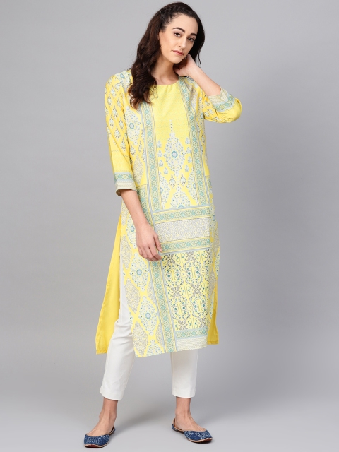 

AHIKA Women Yellow & Green Digital Print Straight Kurta