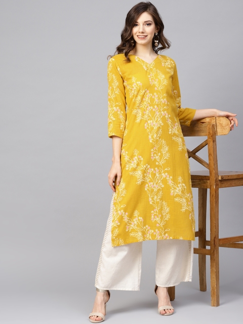 

AHIKA Women Mustard Yellow Printed Straight Kurta