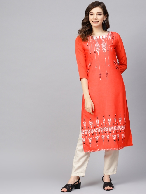 

AHIKA Women Coral Orange & Off-White Printed Straight Kurta
