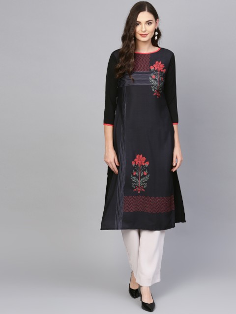

AHIKA Women Black & Pink Printed Straight Kurta