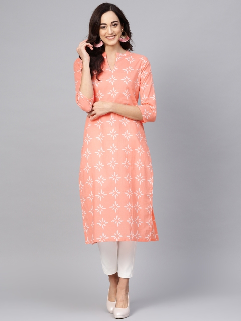 

AHIKA Women Peach-Coloured & Off-White Printed Straight Kurta