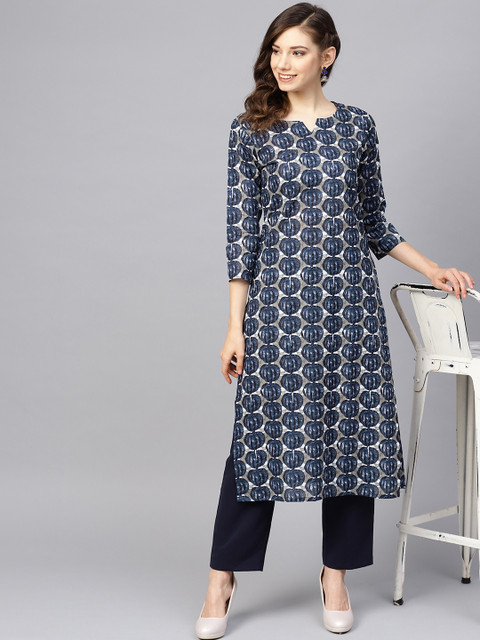

AHIKA Women Navy Blue & Grey Printed Straight Kurta