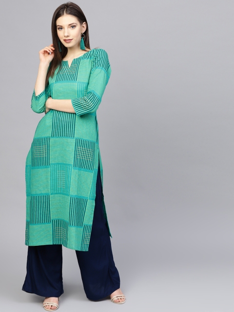 

AHIKA Women Green & Yellow Printed Straight Kurta