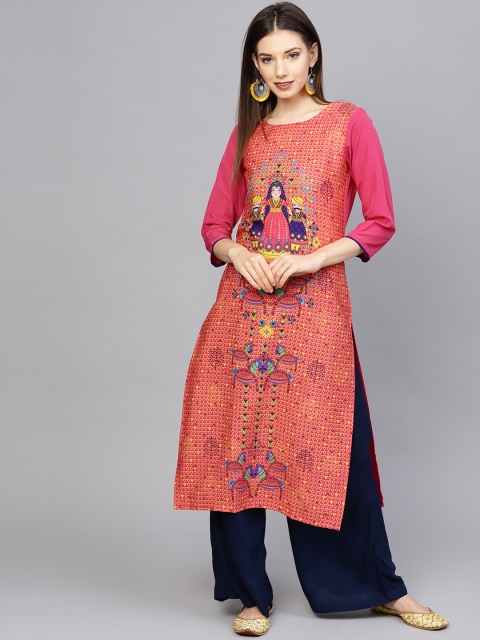 

AHIKA Women Pink & Peach-Coloured Printed Straight Kurta